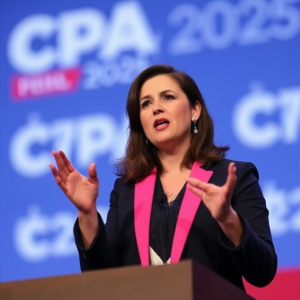 Elise Stefanik addressing CPAC 2025 attendees, outlining U.S. foreign policy strategies