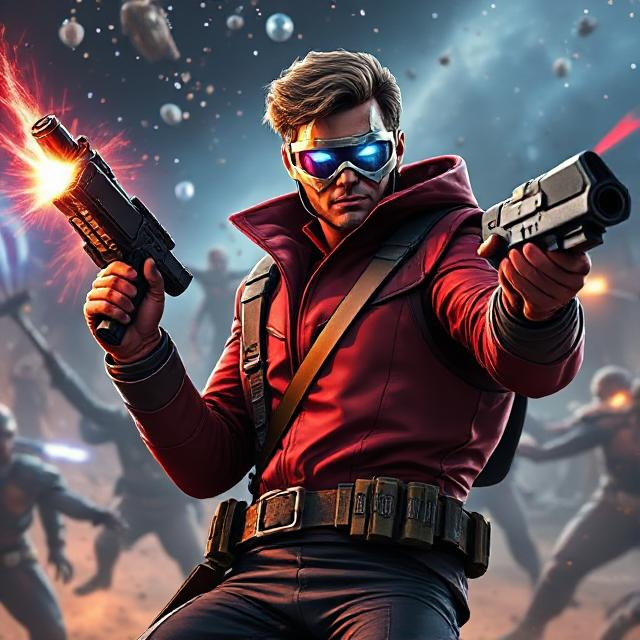 Star-Lord in action, holding his blasters in a Marvel cosmic battle