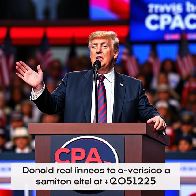 Donald Trump delivering a powerful speech at CPAC 2025, addressing thousands of conservative supporters