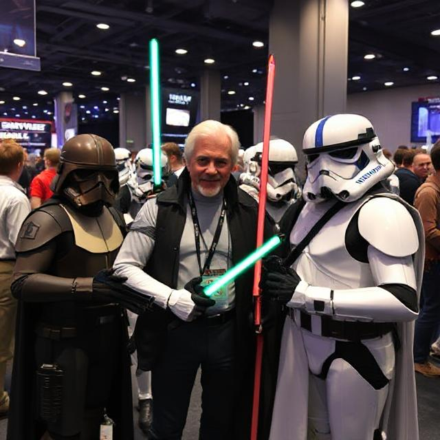 Tony Gilroy posing with cosplayers at Star Wars Celebration, reflecting on the success of Andor season 1.