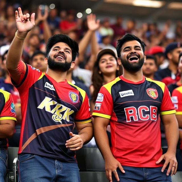 excited spectators at an IPL game sporting RCB and KKR jerseys.