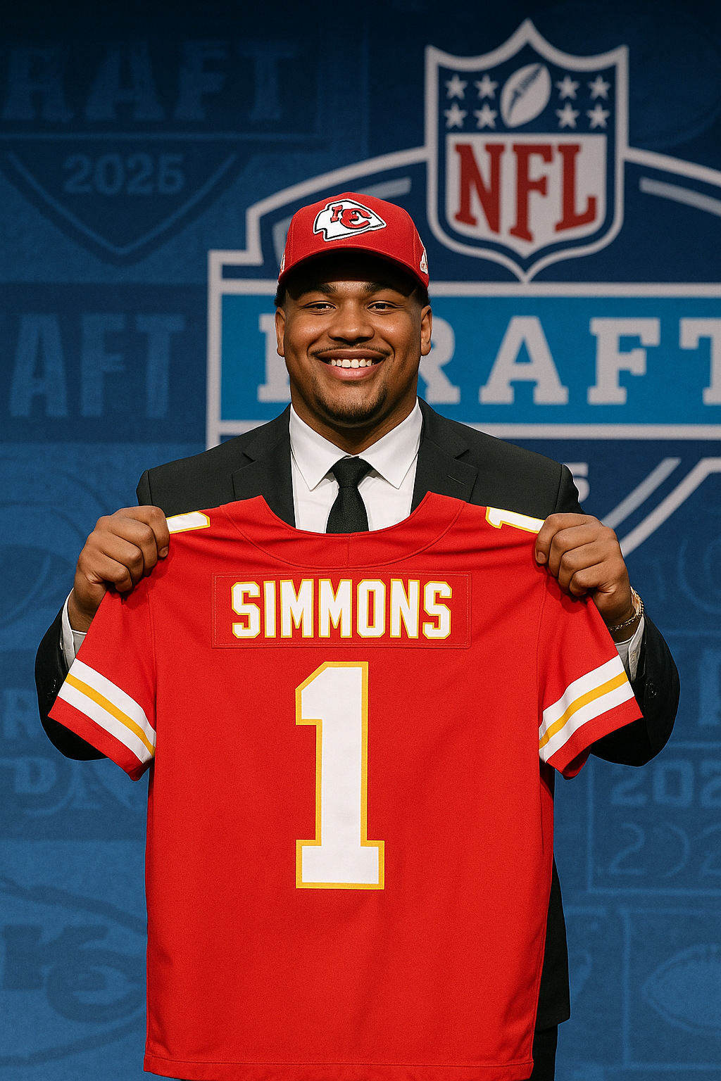 Josh Simmons holding Chiefs jersey at 2025 NFL Draft