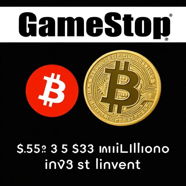 GameStop logo next to a large Bitcoin symbol representing the company's $513 million cryptocurrency investment."