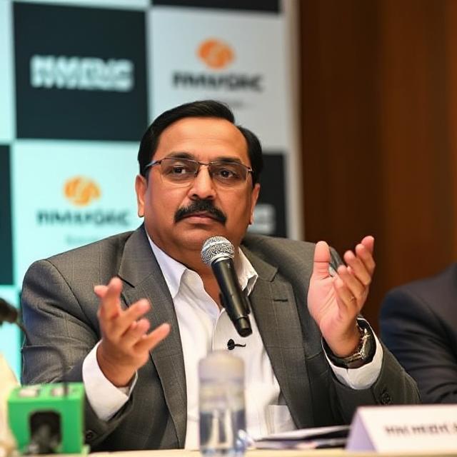 NMDC CMD Amitava Mukherjee discussing company’s 100 MTPA expansion goal at a press conference.”