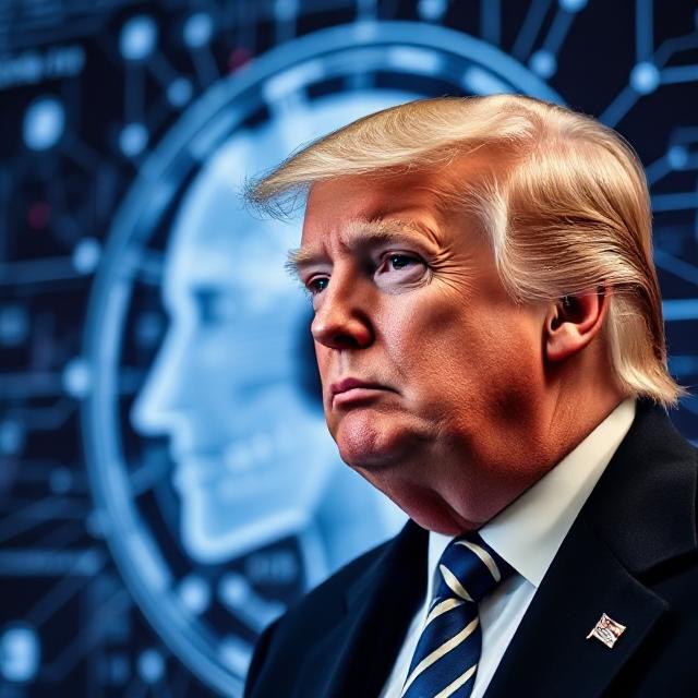 Donald Trump with artificial intelligence background representing government surveillance in 2025"