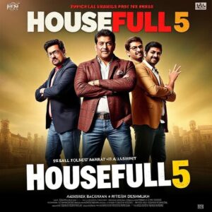 Official movie poster of Housefull 5 featuring Akshay Kumar, Abhishek Bachchan, and Riteish Deshmukh