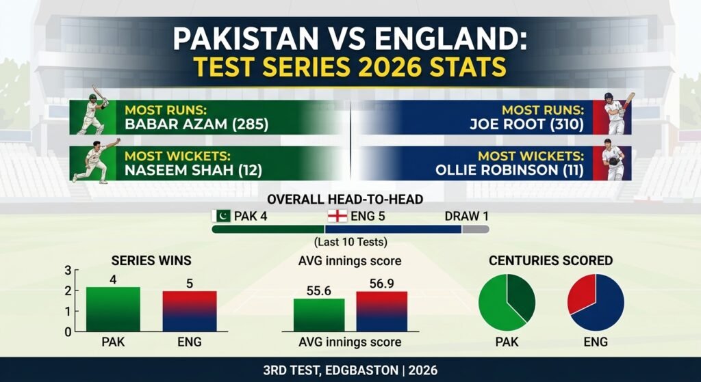 Infographic showing Pakistan vs England Test series results and head-to-head statistics