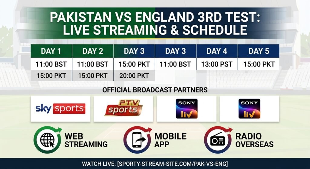 Pakistan vs England 3rd Test match live broadcast channels and timings graphic